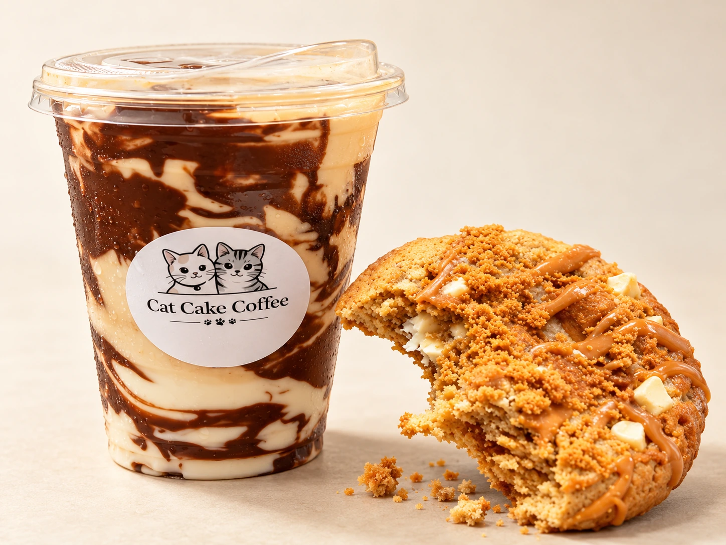 Café frío de Cat Cake Coffee acompañado de una galleta Lotus